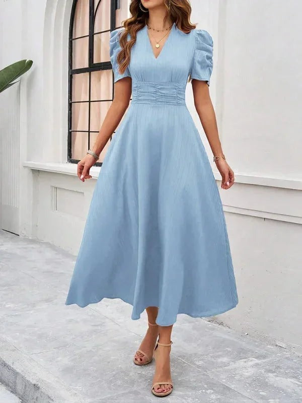Phoebe - Women's Midi Dress with V-Neck and Puff Sleeves