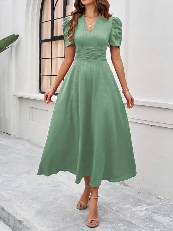 Phoebe - Women's Midi Dress with V-Neck and Puff Sleeves