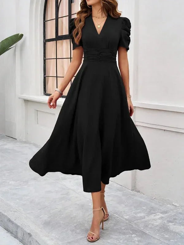 Phoebe - Women's Midi Dress with V-Neck and Puff Sleeves