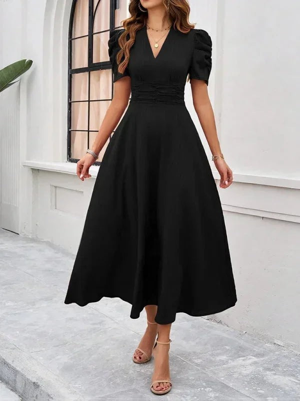 Phoebe - Women's midi dress with V-neck and puff sleeves - photo 2