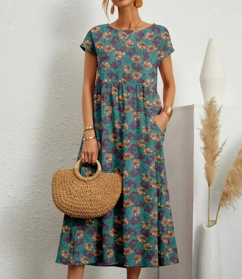 Patricia - Women's midi dress in floral print cotton with pockets - photo 2