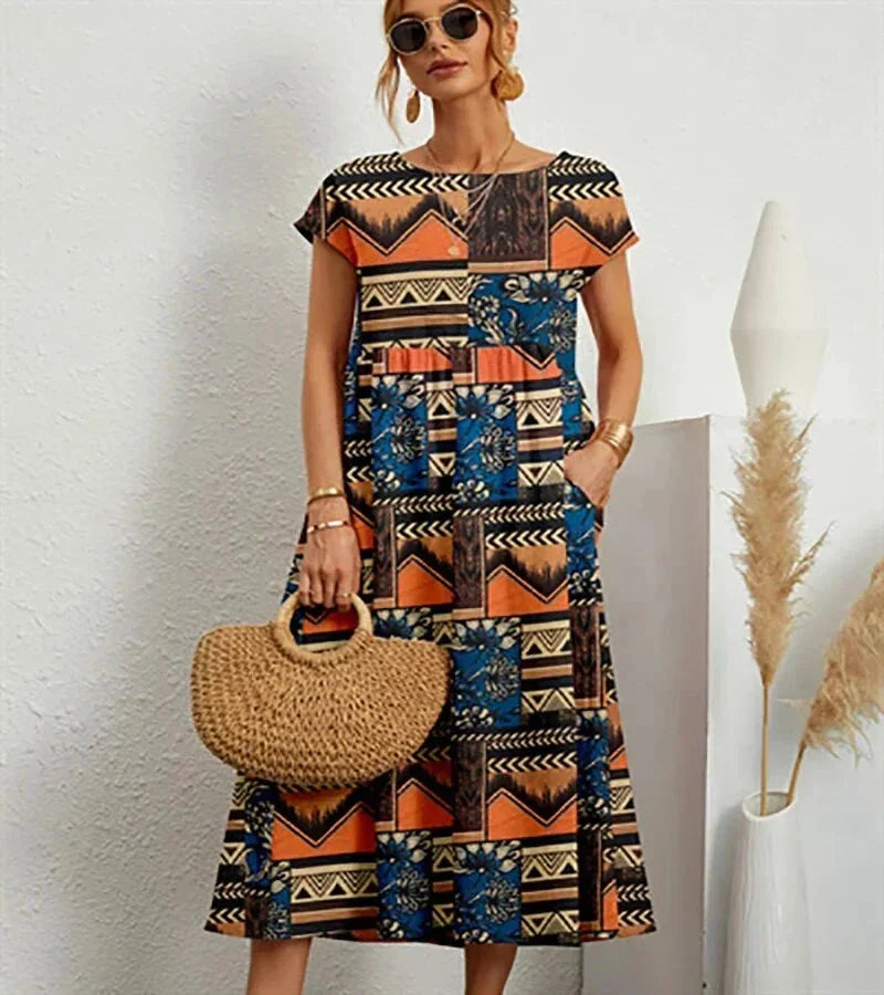 Patricia - Rochie midi din bumbac cu imprimeu floral și buzunare, pentru femei