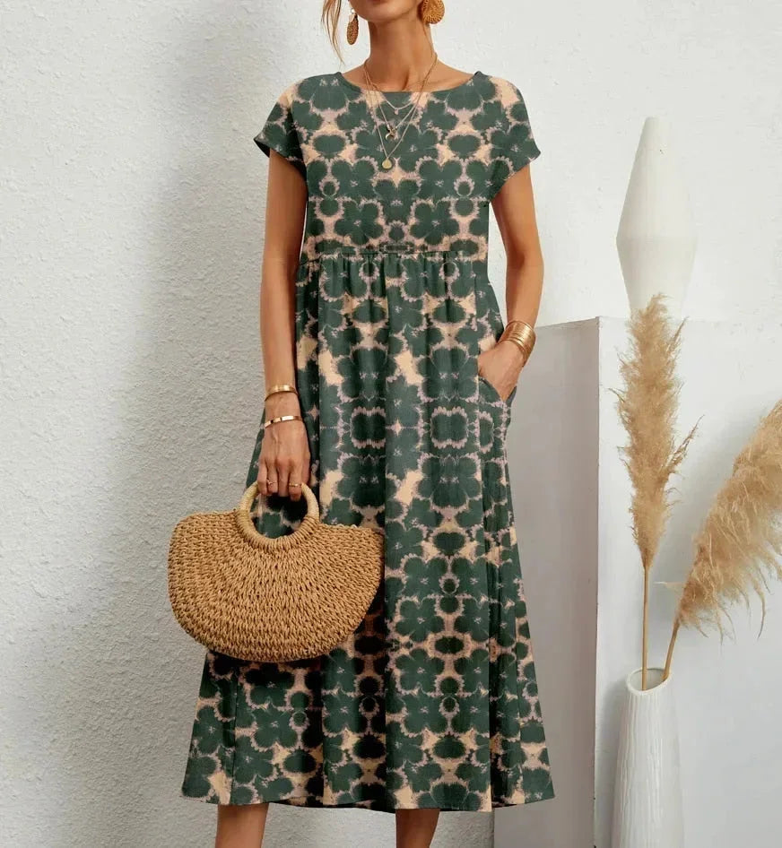Patricia - Rochie midi din bumbac cu imprimeu floral și buzunare, pentru femei