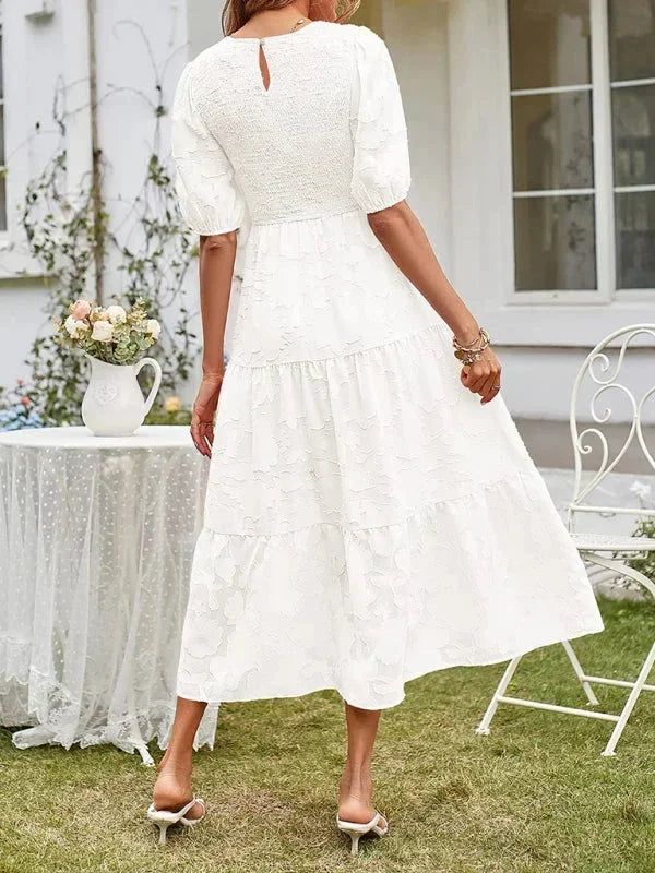Rochie midi boho texturată pentru femei, cu volane și mâneci scurte
