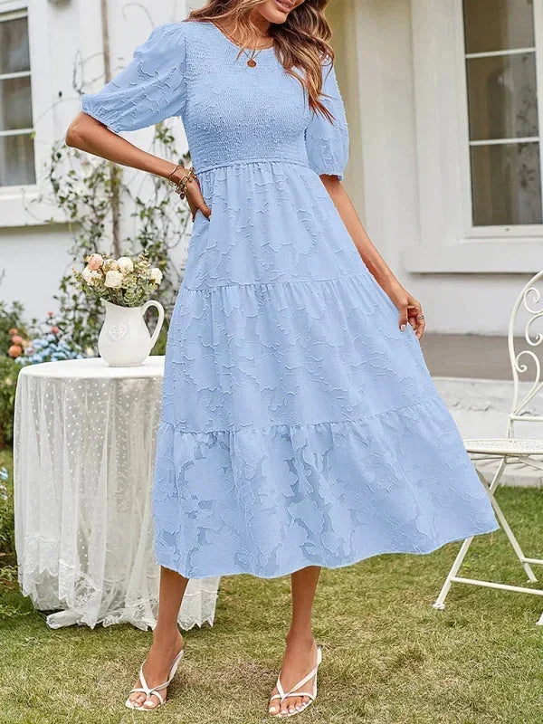 Rochie midi boho texturată pentru femei, cu volane și mâneci scurte