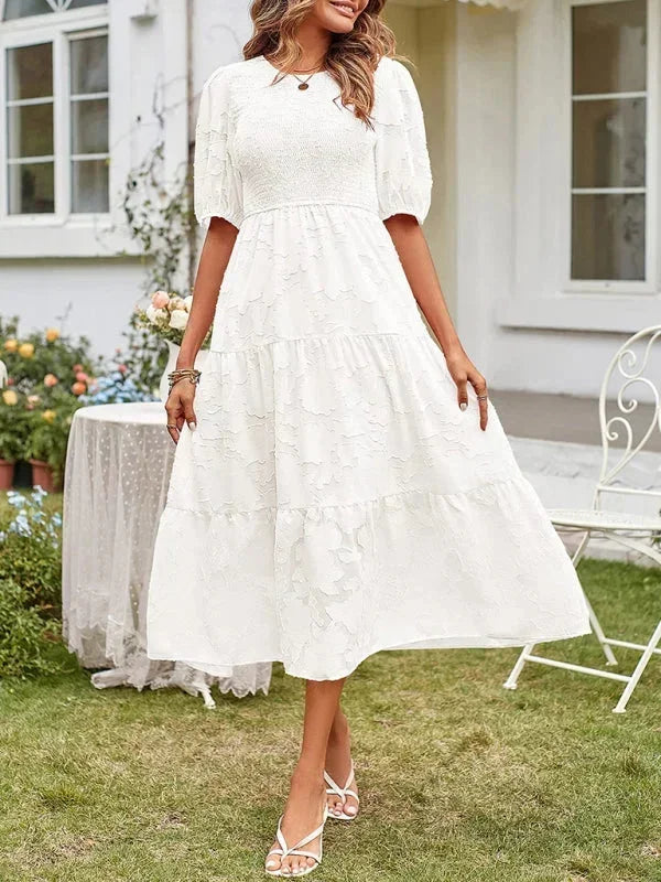 Rochie midi boho texturată pentru femei, cu volane și mâneci scurte