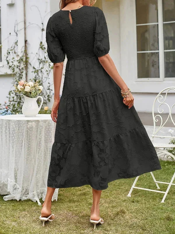 Rochie midi boho texturată pentru femei, cu volane și mâneci scurte