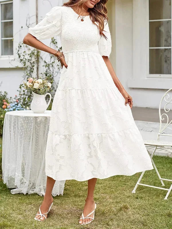 Rochie midi boho texturată pentru femei, cu volane și mâneci scurte