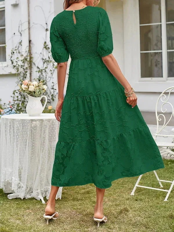 Rochie midi boho texturată pentru femei, cu volane și mâneci scurte