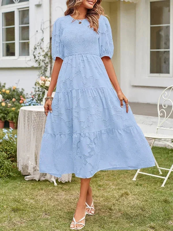 Rochie midi boho texturată pentru femei, cu volane și mâneci scurte