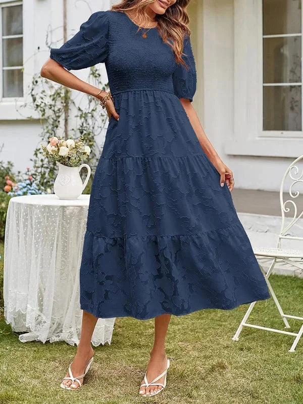 Rochie midi boho texturată pentru femei, cu volane și mâneci scurte