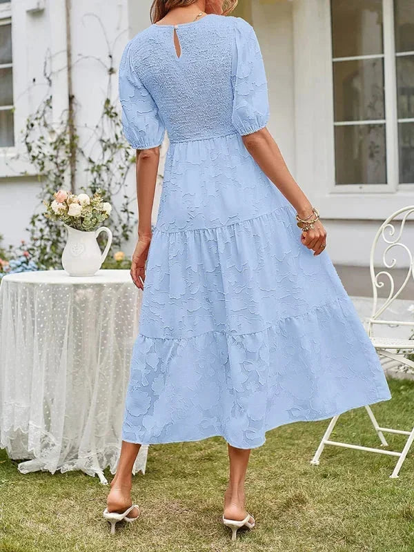 Rochie midi boho texturată pentru femei, cu volane și mâneci scurte