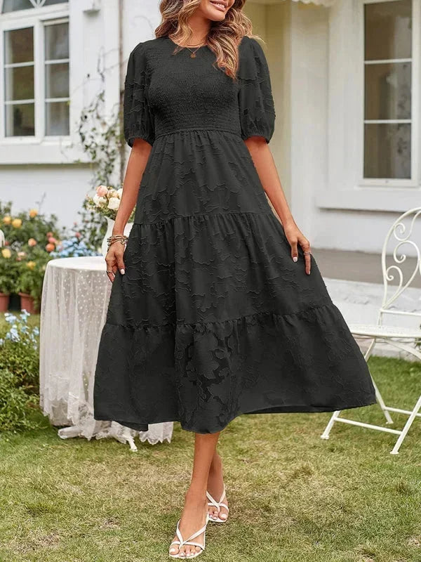 Rochie midi boho texturată pentru femei, cu volane și mâneci scurte