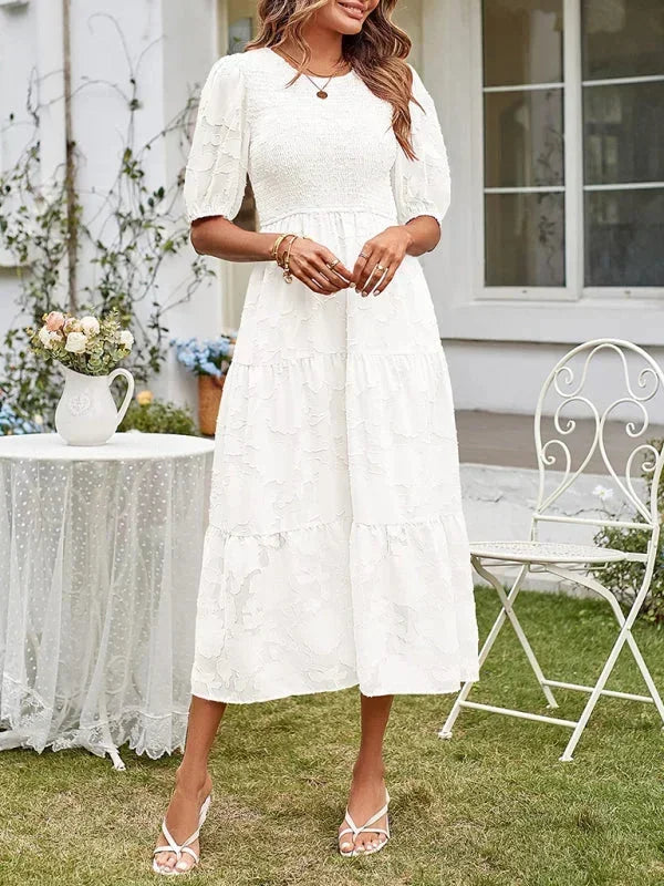 Rochie midi boho texturată pentru femei, cu volane și mâneci scurte