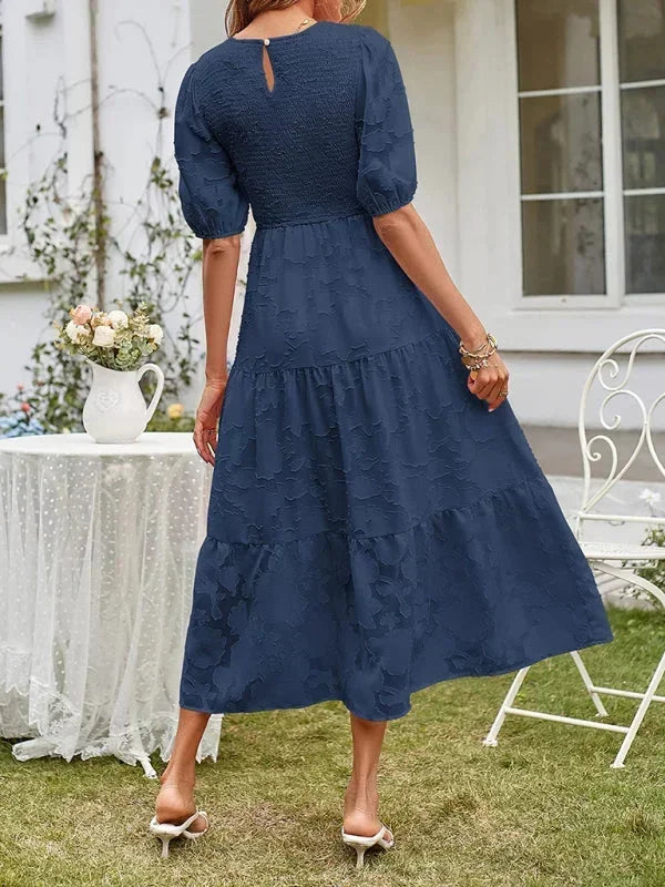 Rochie midi boho texturată pentru femei, cu volane și mâneci scurte
