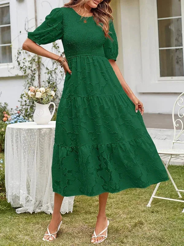 Rochie midi boho texturată pentru femei, cu volane și mâneci scurte