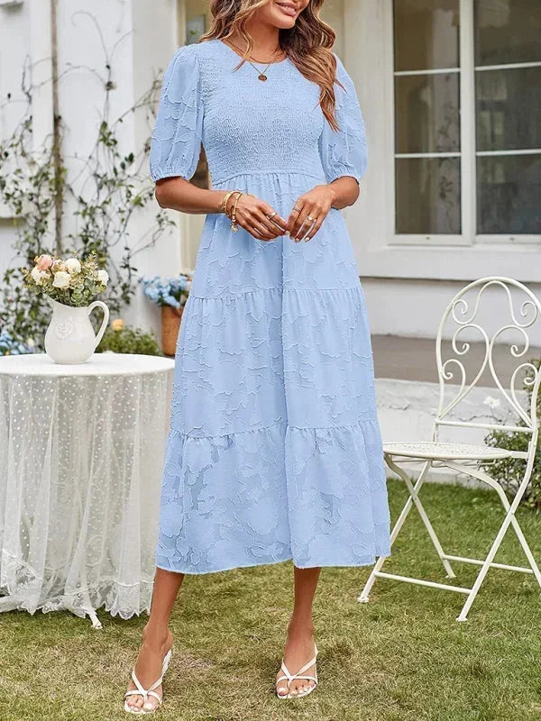 Rochie midi boho texturată pentru femei, cu volane și mâneci scurte