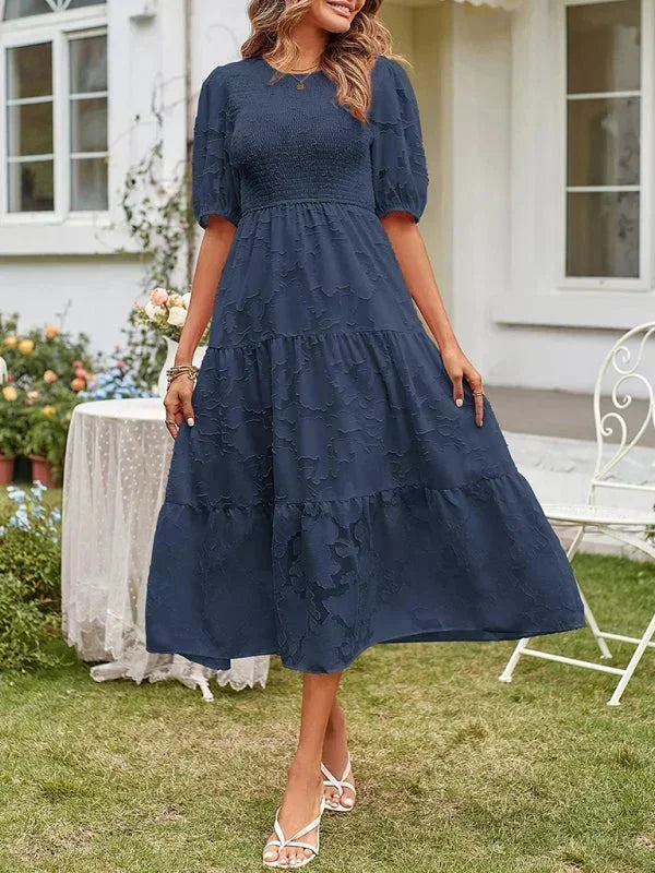 Rochie midi boho texturată pentru femei, cu volane și mâneci scurte
