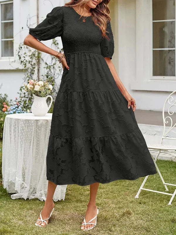 Rochie midi boho texturată pentru femei, cu volane și mâneci scurte