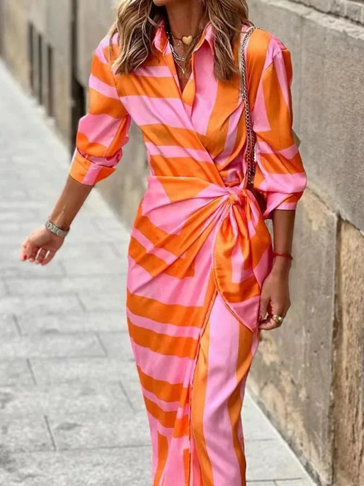 Scarlett - Abito midi a portafoglio da donna a maniche lunghe con stampa geometrica