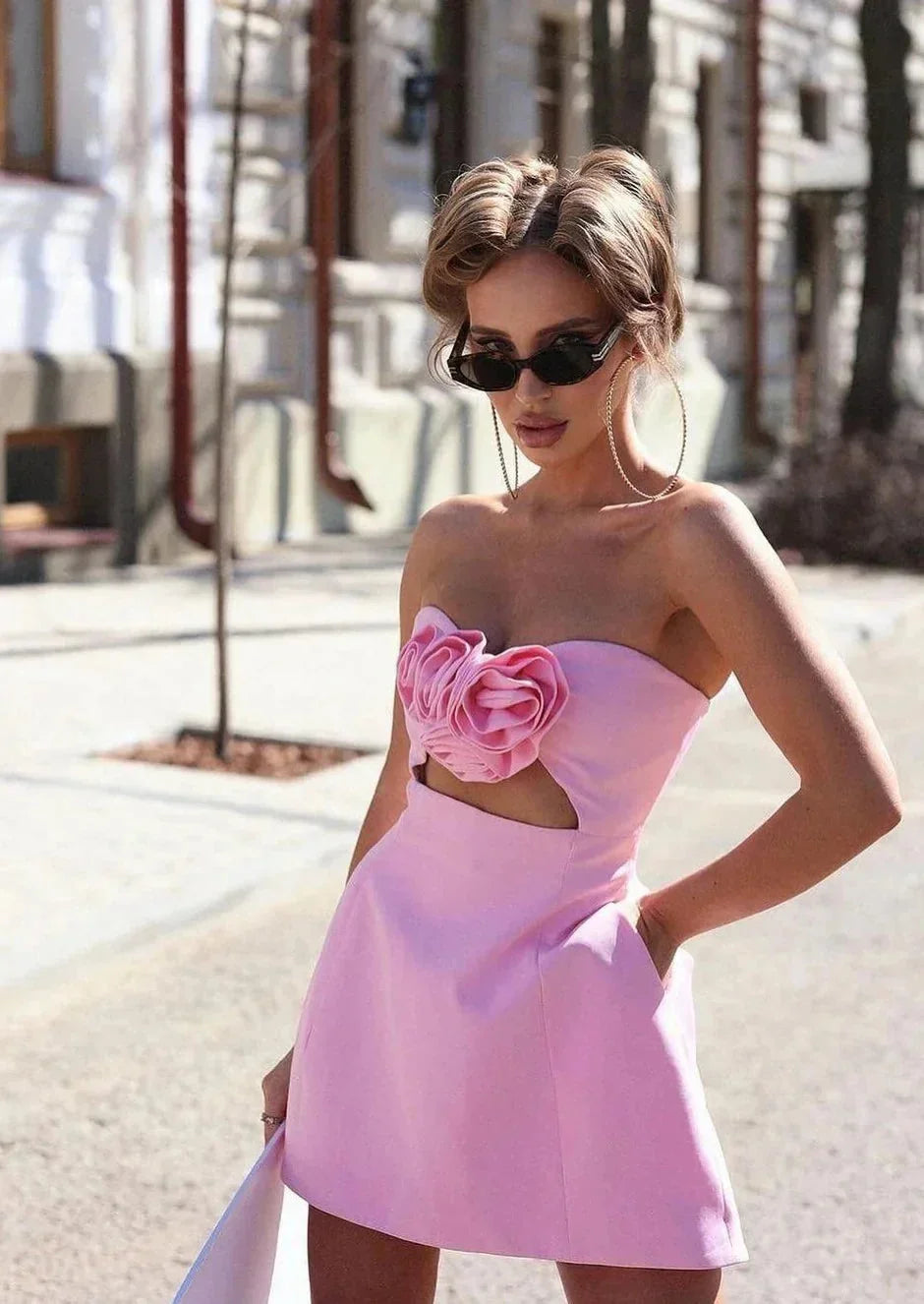 Women's Strapless Mini Dress with Floral Cutout for Evening