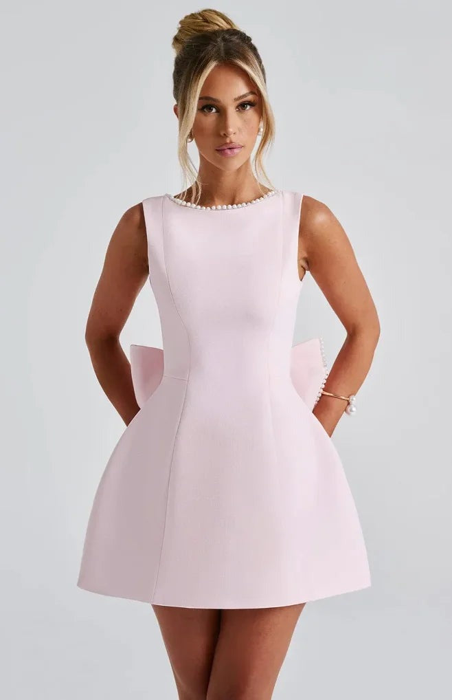 Noelle - Women's short backless dress with beaded accent and bow - photo 3