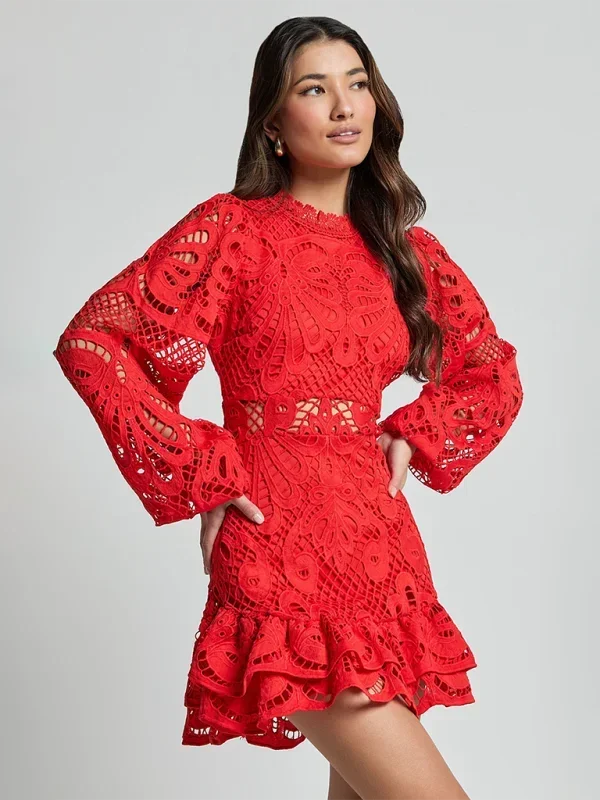 Maeve - Rochie scurtă elegantă din dantelă cu mâneci lungi, pentru seară, pentru femei