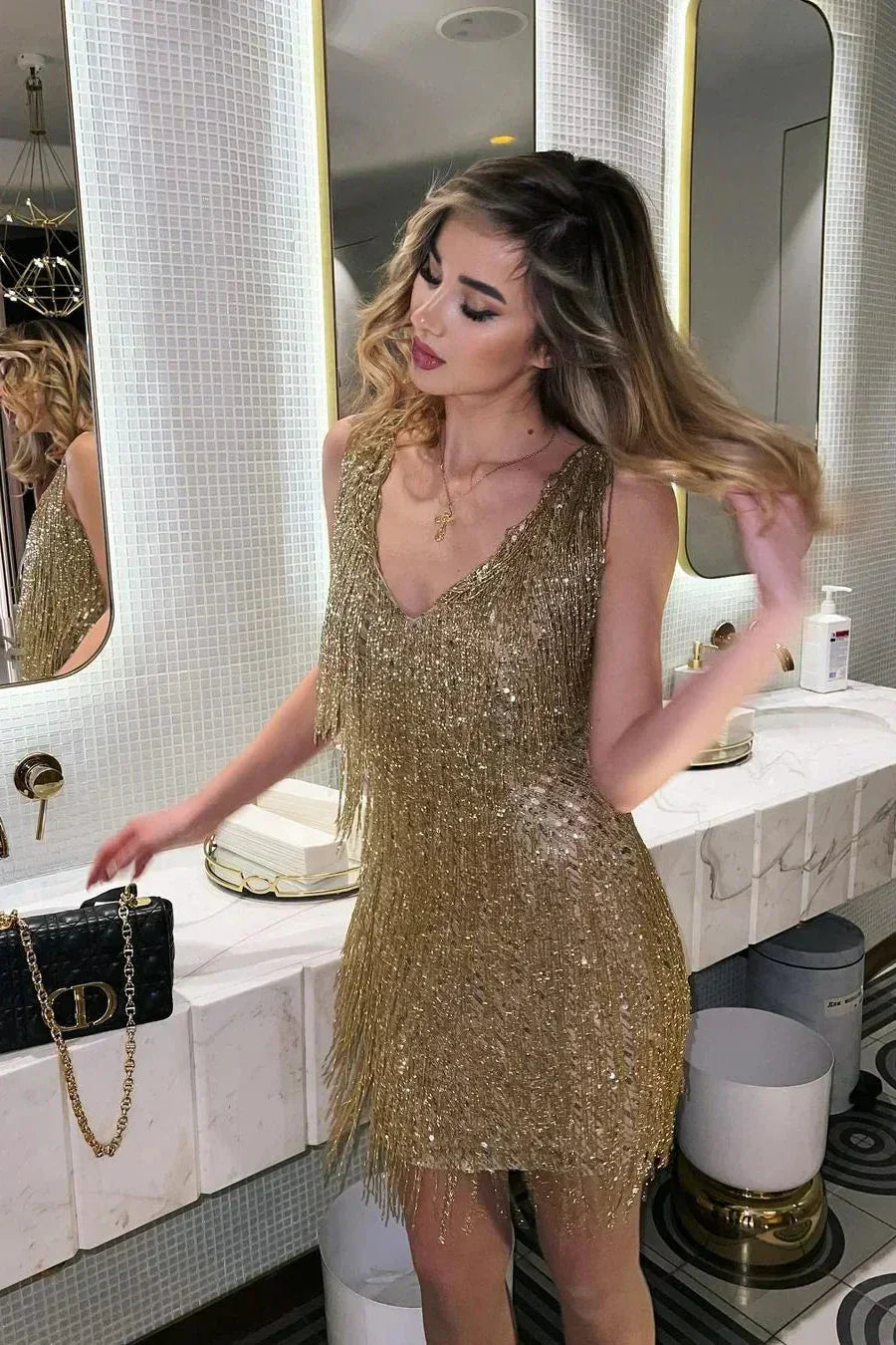 Rochie mini cu paiete și franjuri pentru damă