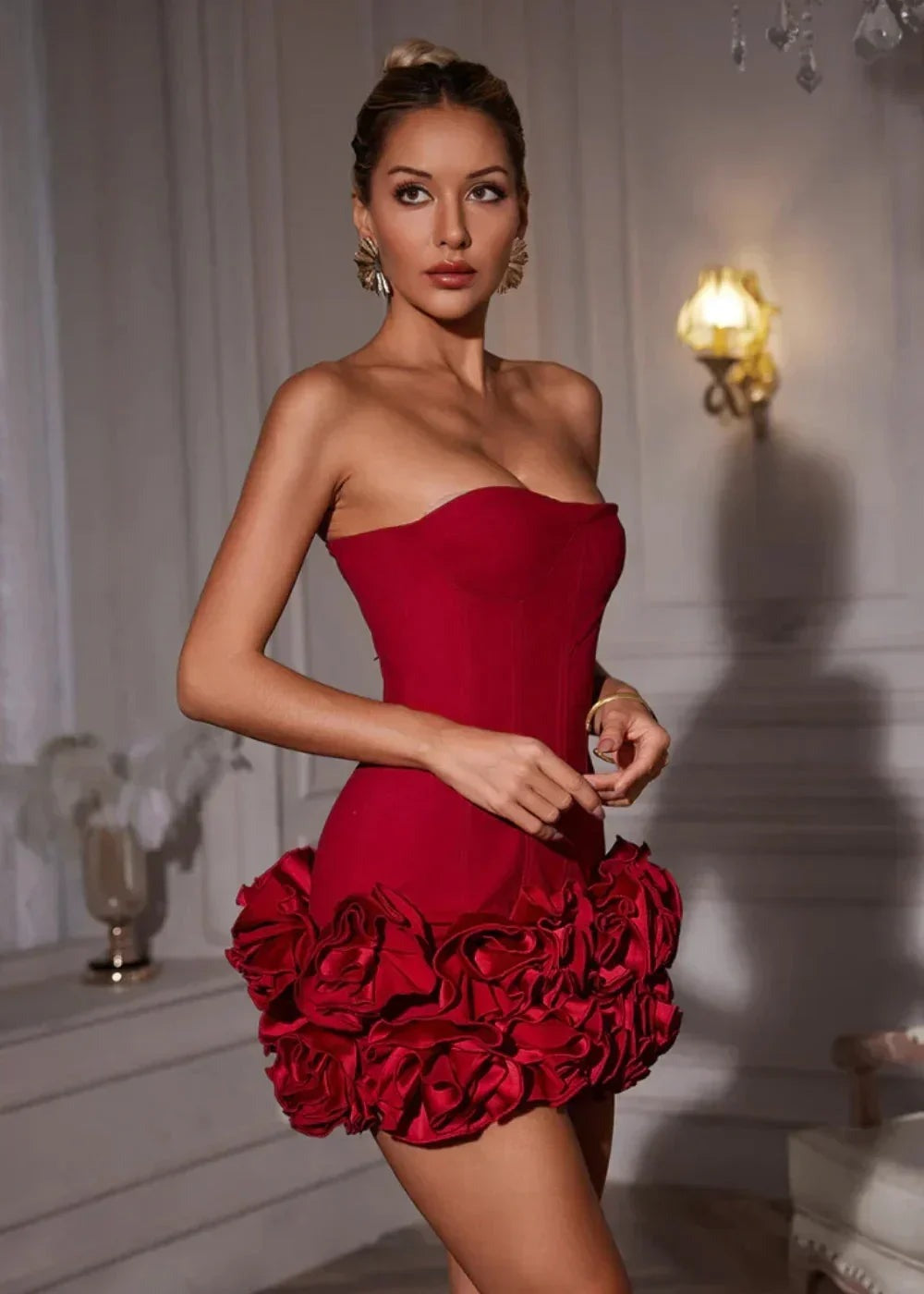 Karina - Short red strapless dress with floral details - photo 6