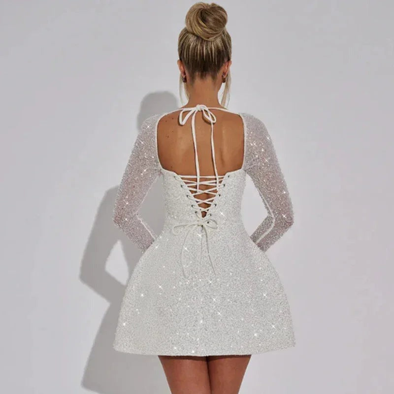 Mila - Women's short sparkly evening dress with long sleeves - photo 4