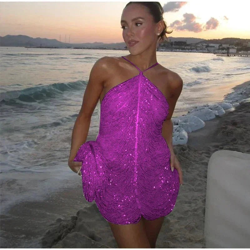 Leah - Women's short cocktail dress with sequins and halter neck - photo 2