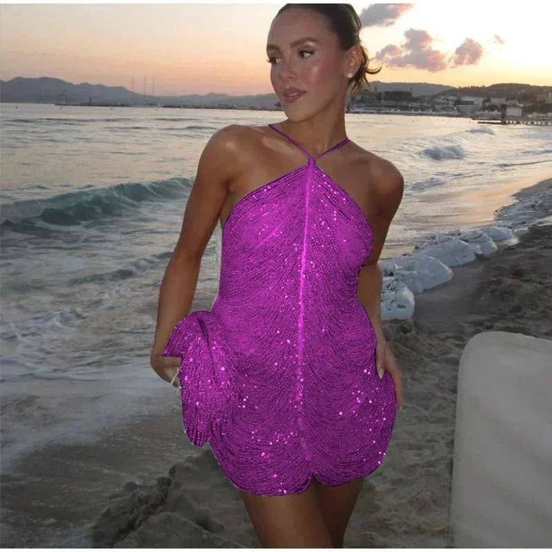 Leah - Rochie de cocktail scurtă cu paiete și decolteu halter, pentru femei