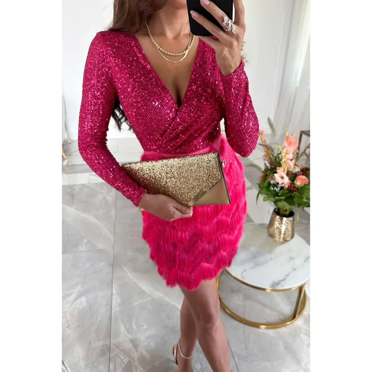 Noelle - Women's short dress with sequins, long sleeves, crossover skirt, and feathers - photo 2