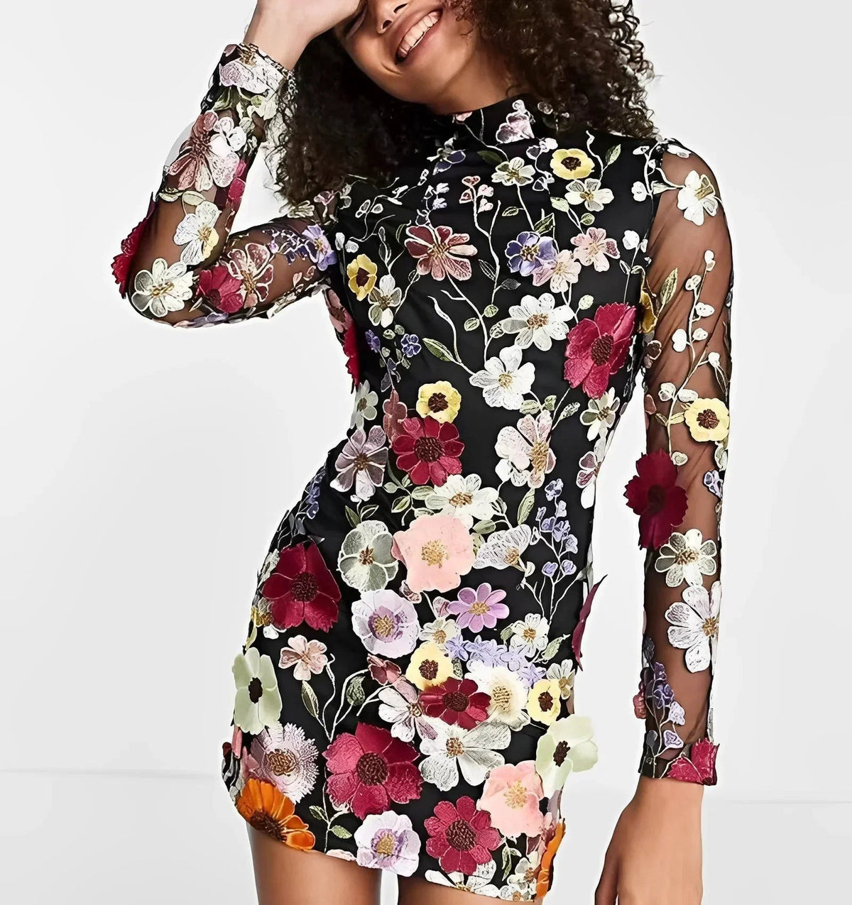 Megan - Women's short sheer floral dress with long sleeves for evening - photo 2