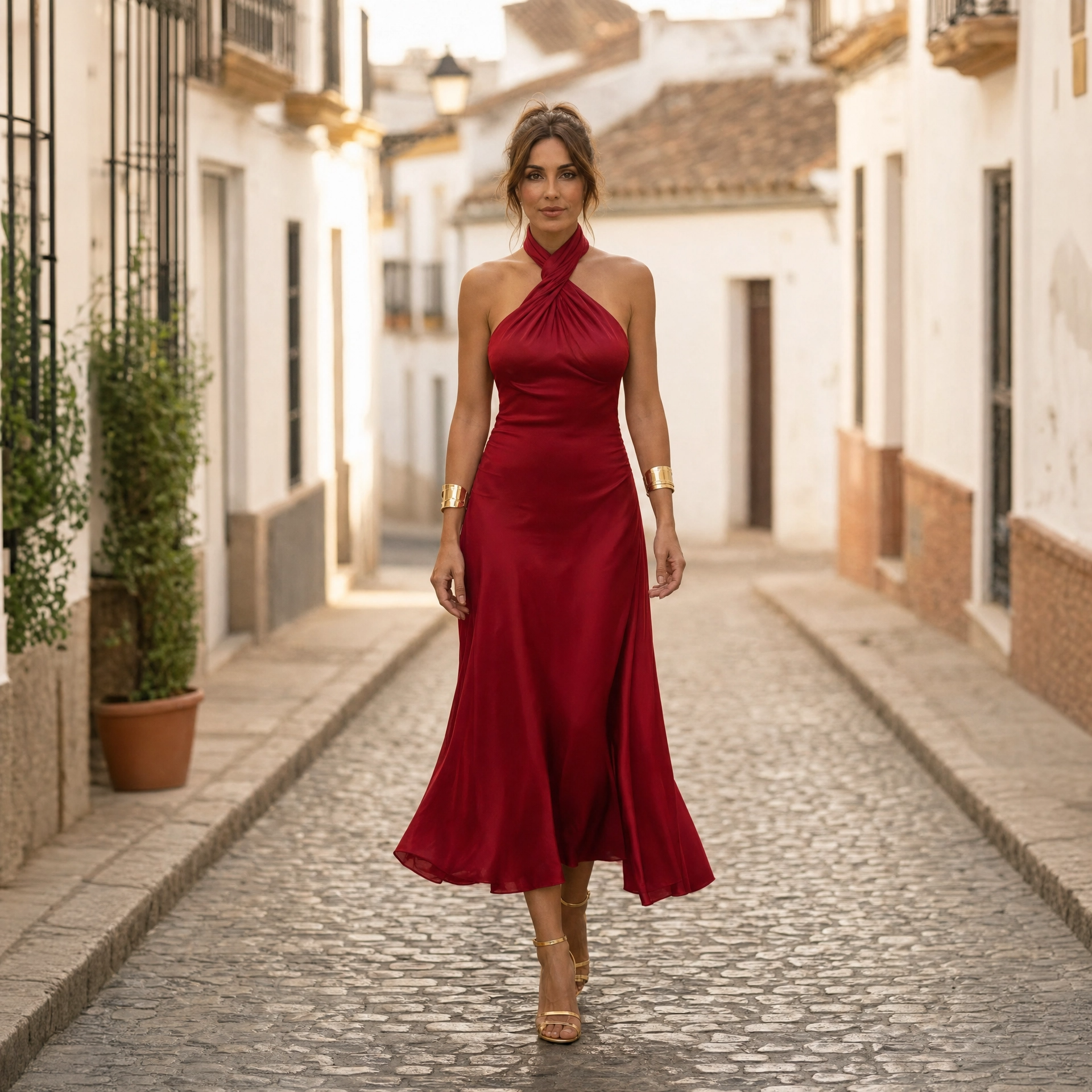 Robe Midi Satinée Femme Élégante à Col Halter