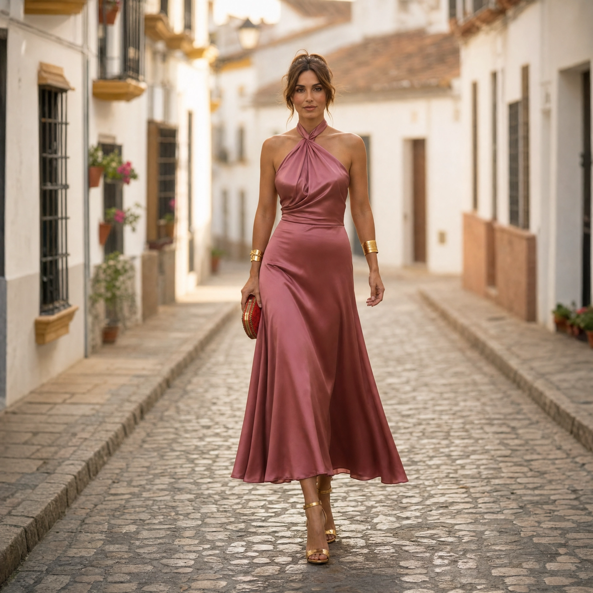 Robe Midi Satinée Femme Élégante à Col Halter