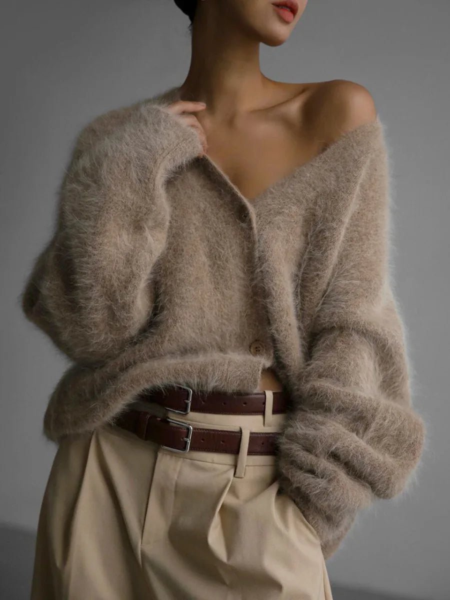 Rosalie - Women's Cardigan with Brushed Knit and Button Front in Brown
