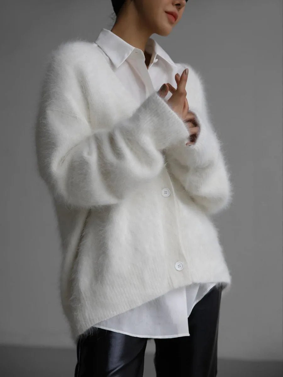 Rosalie - Women's Cardigan with Brushed Knit and Button Front in White