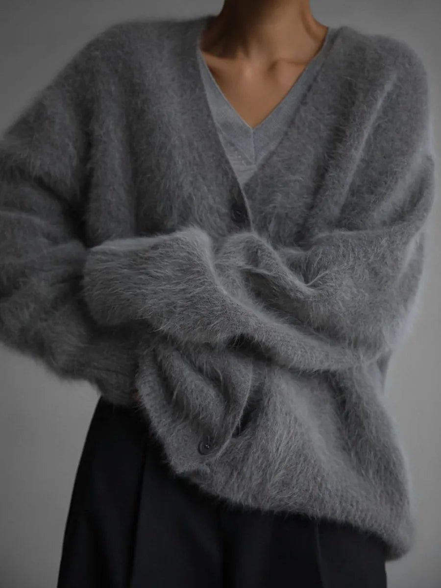 Rosalie - Women's Cardigan with Brushed Knit and Button Front in Dark Gray