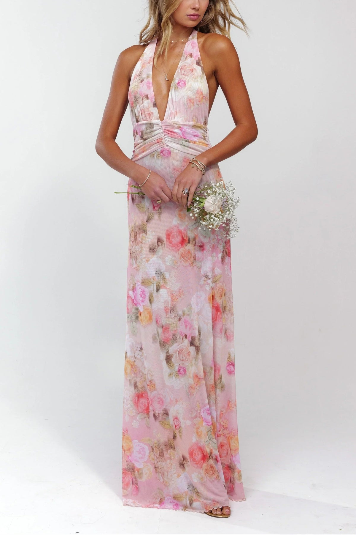 Rosaline - Women's Maxi Dress with Floral Print and Open Back - photo 1