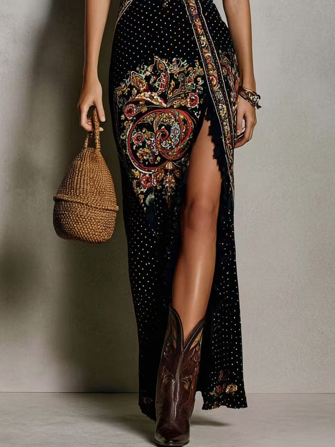 Salome - Women's Fitted Maxi Dress with Boho Print and Side Split - photo 3