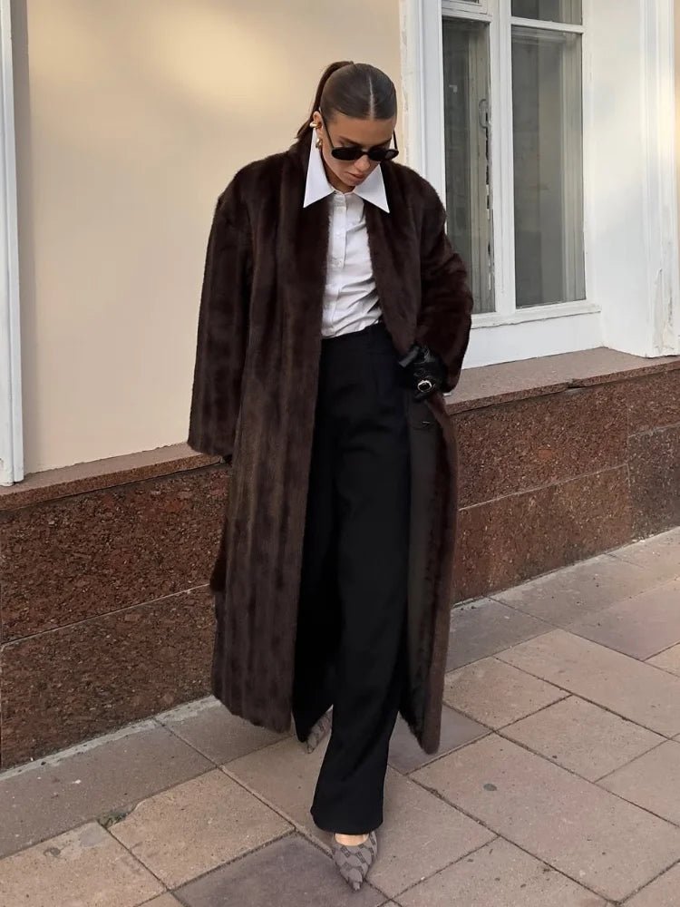 Salome - Women's Relaxed Coat with a Tie Belt in Dark Brown