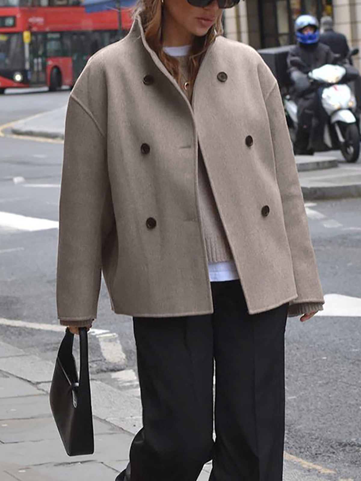 Sadie - Women's Double Breasted Black Peacoat with Stand Collar - photo 5