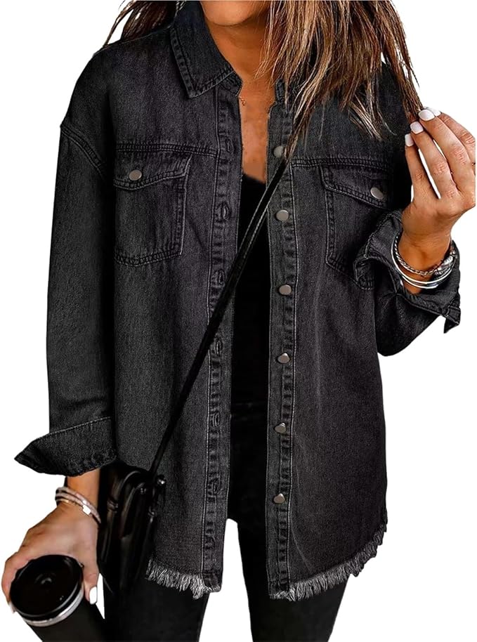 Seraphina - Women's Relaxed Jacket with Button Front in Black