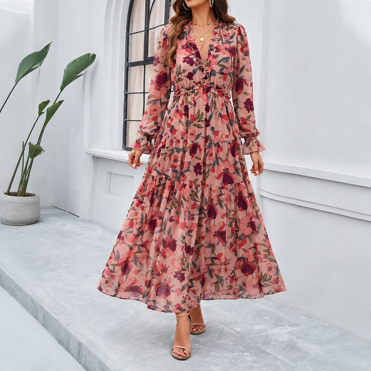 Shiela - Women's Floral Maxi Dress with Gathered Waist - photo 2