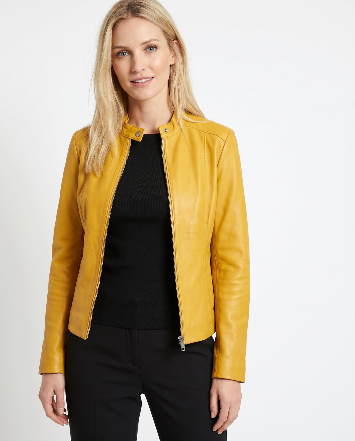 Sienna - Women's Fitted Leather Jacket with Stand Collar and Zip Front - Yellow