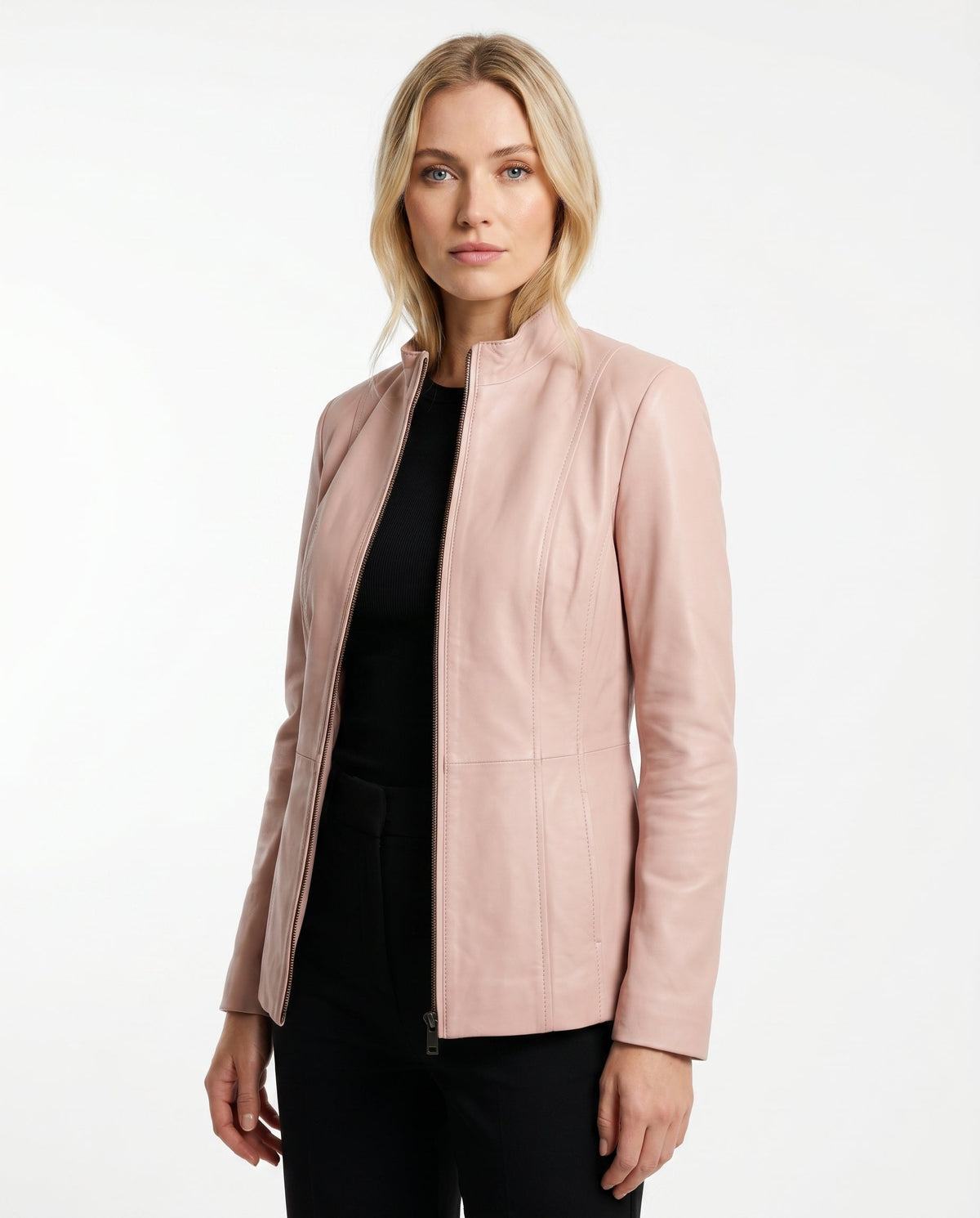 Sienna - Women's Fitted Leather Jacket with Stand Collar and Zip Front - Light Pink