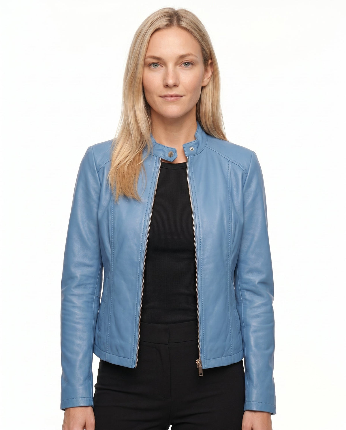 Sienna - Women's Fitted Leather Jacket with Stand Collar and Zip Front - Light Blue