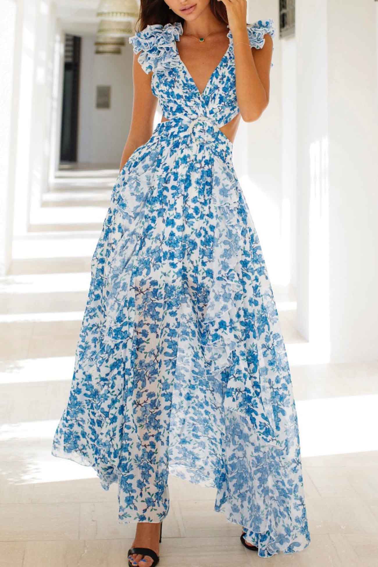Beatrice – rochie maxi florală de damă din șifon, cu mâneci cu volane