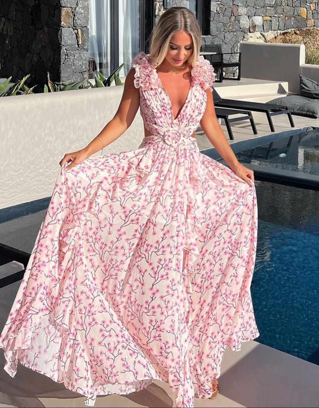 Beatrice – rochie maxi florală de damă din șifon, cu mâneci cu volane